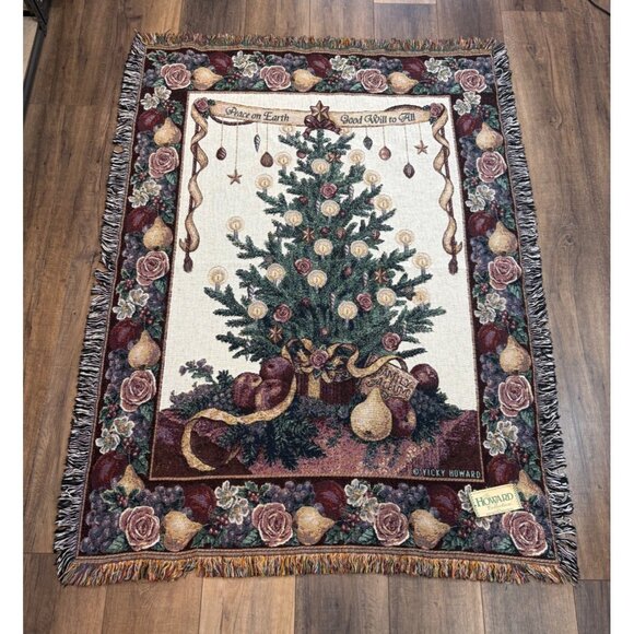 Vicky Howard ‘Peace on Earth’ Christmas Tapestry Throw Blanket Tree Fringe Cottn - Picture 1 of 9